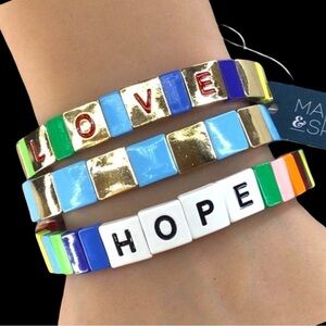 Market and Spruce Bracelet Set Love Hope Enamel Tile Stretch Gold Tone Blue